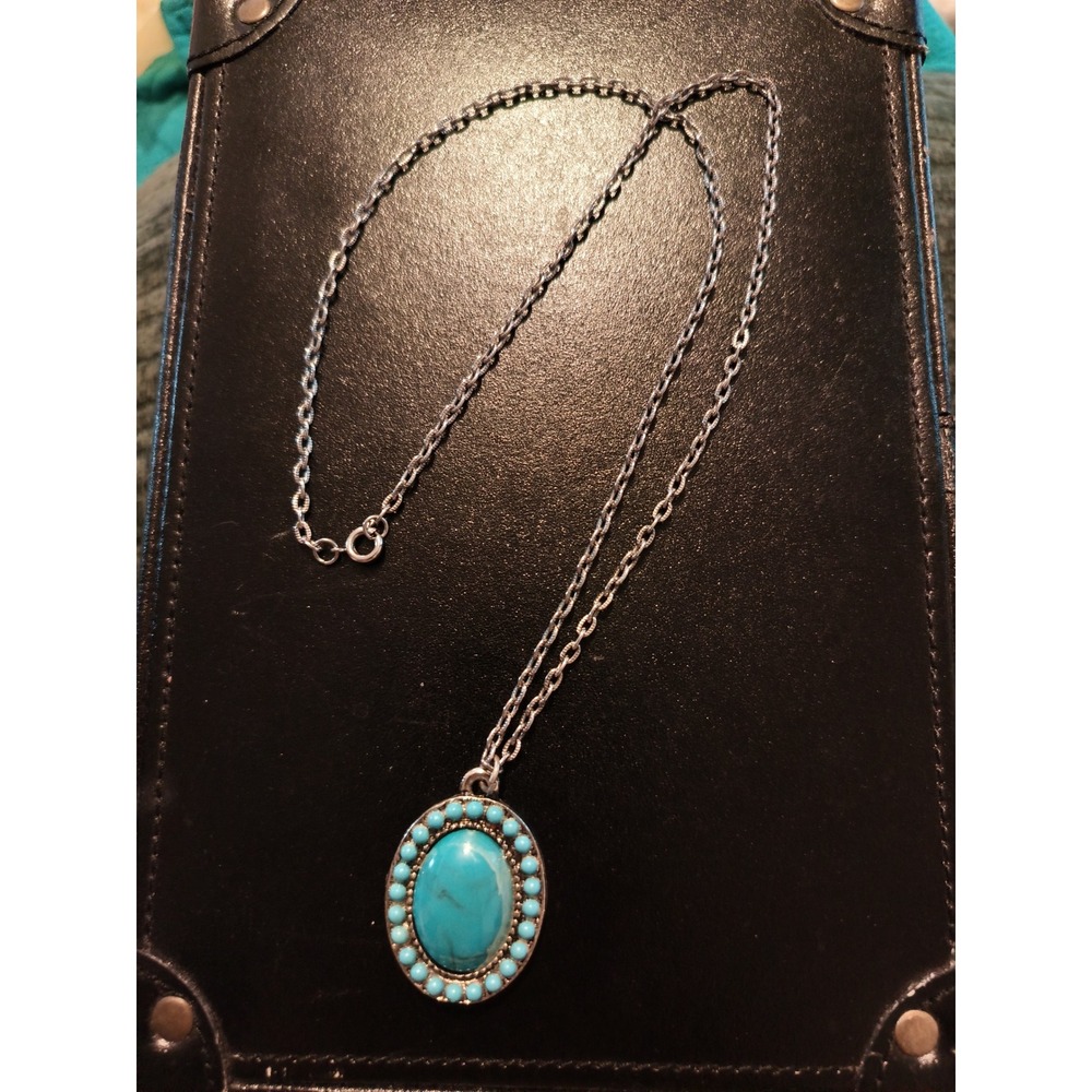Boho Faux Turquoise Oval Pendant Necklace Silver Tone Southwestern Style Chain